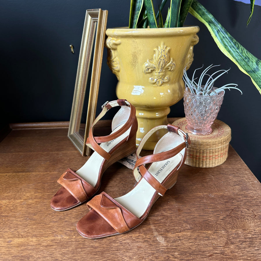 Brown/Tan Leather “Sarah Flint” Wedge Sandals