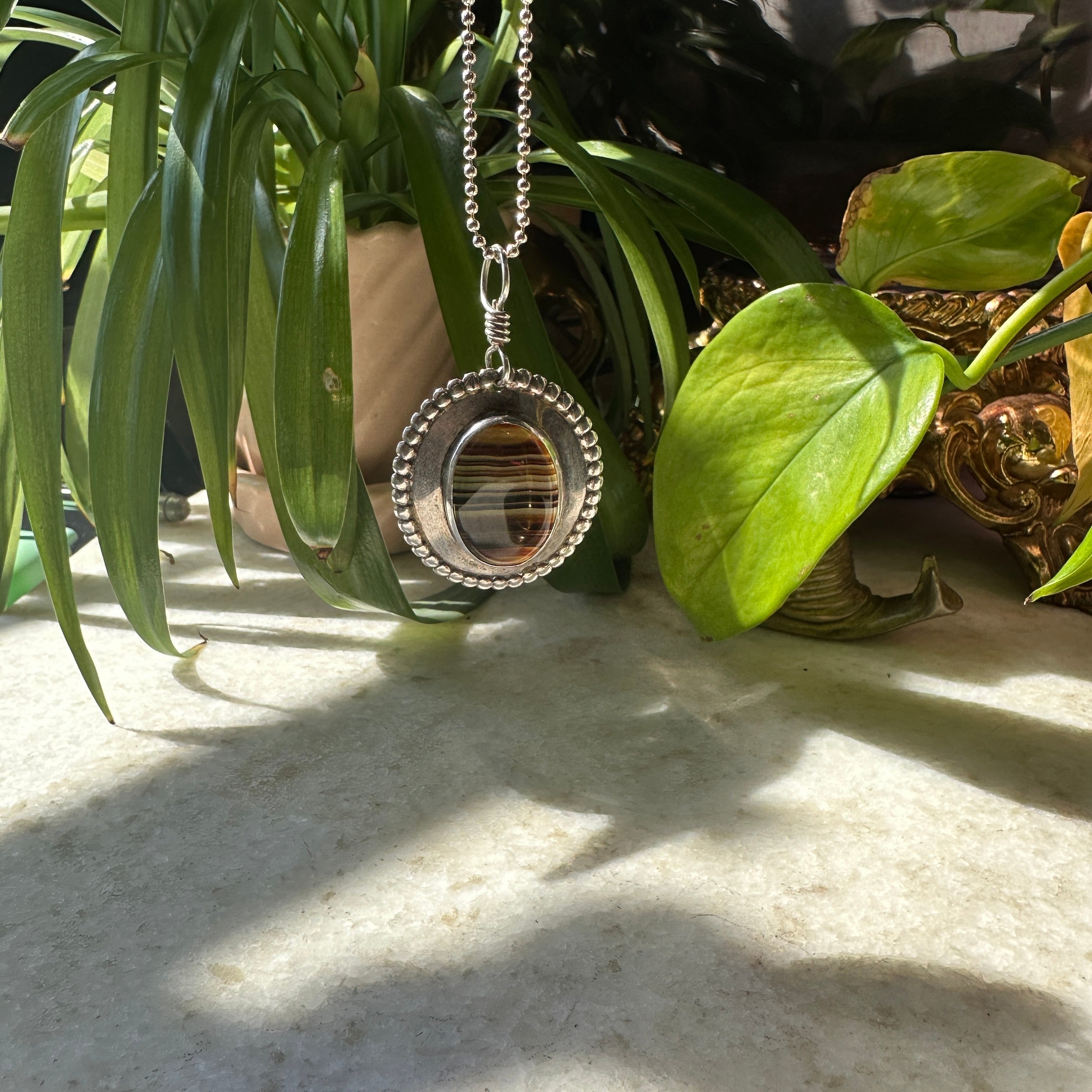 Handmade Sterling Silver and Banded Agate Pendant Necklace