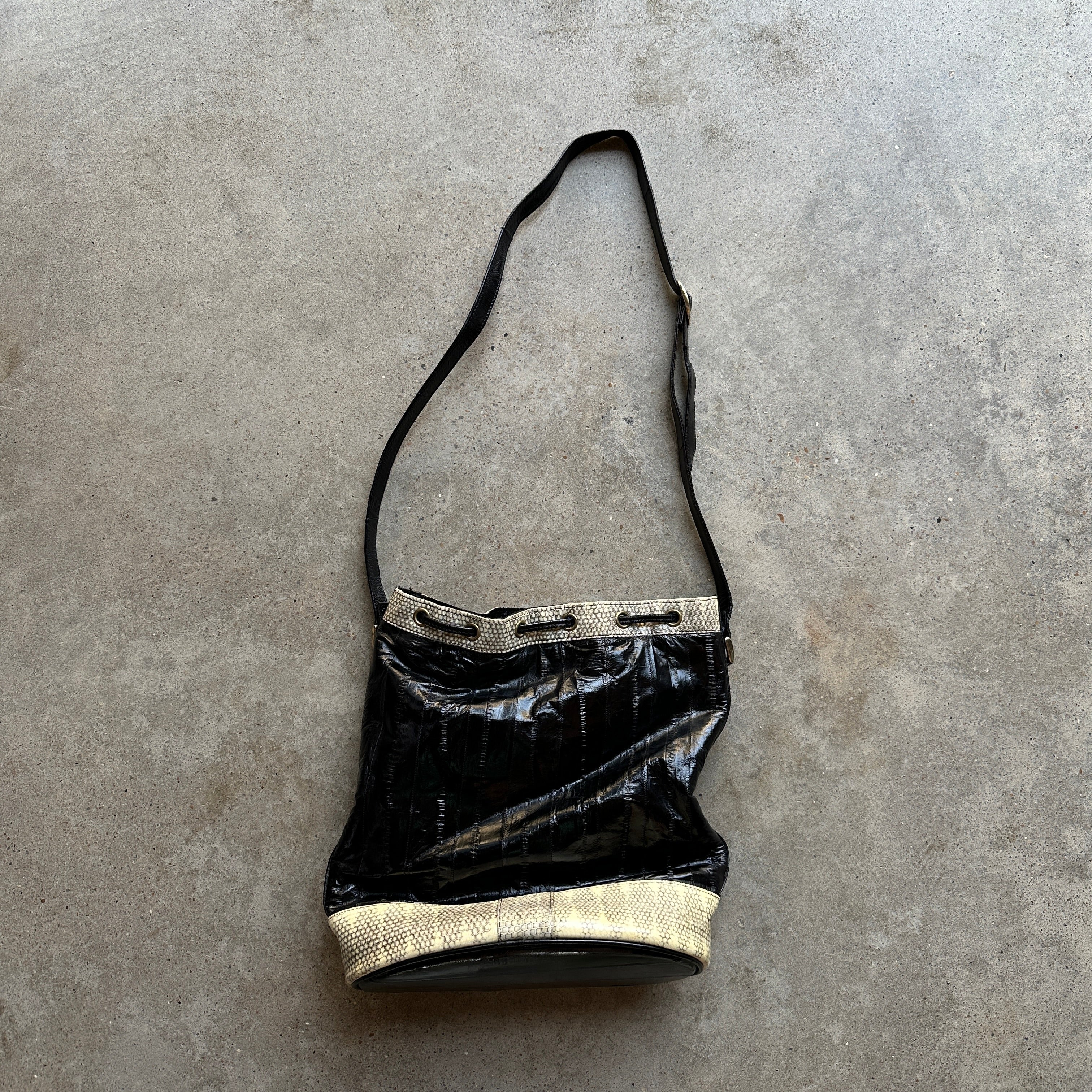 “Leather of the Sea” Black + Cream Crossbody Satchel