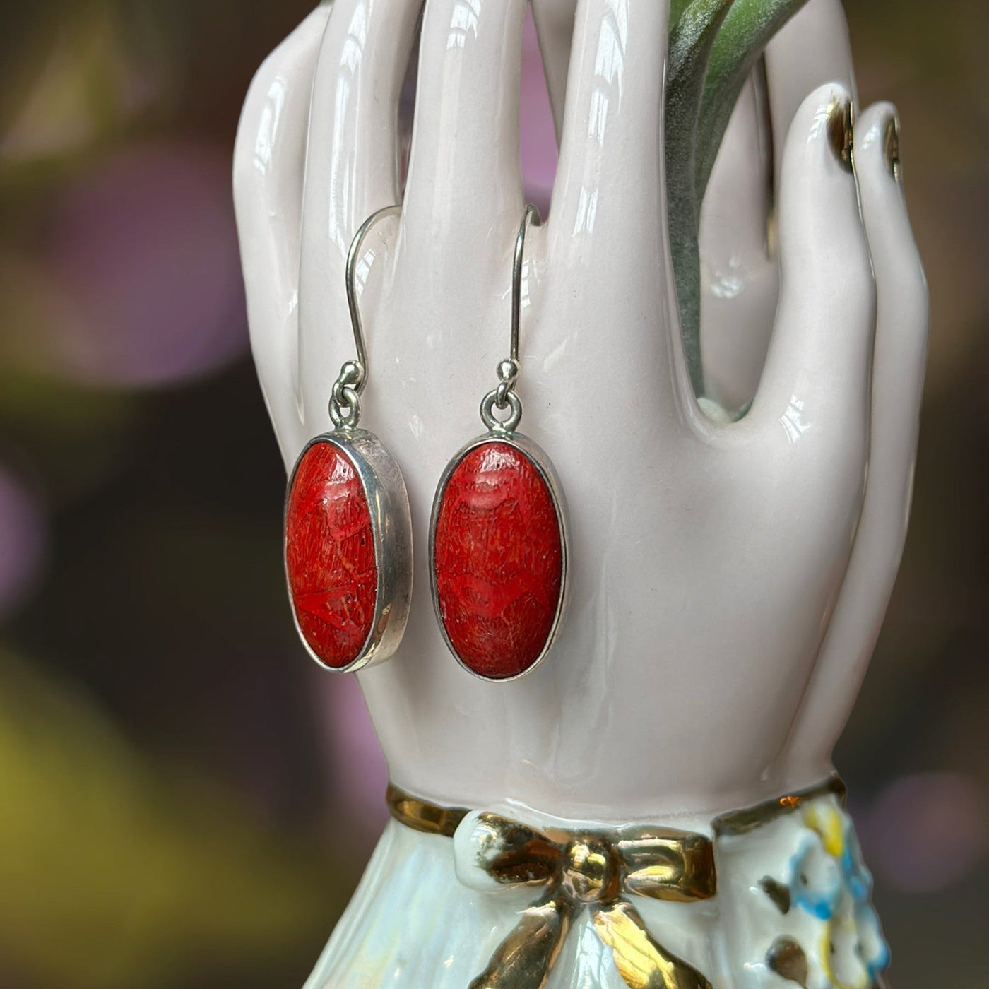 Sterling Silver Vintage Red Coral Cabochon Earrings