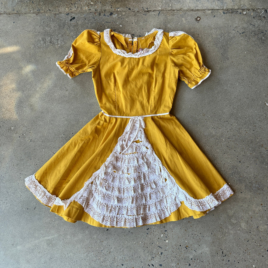 VTG homemade mustard dress with full skirt and lace trim!