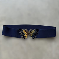 blue elastic belt vintage with enamel butterfly buckle