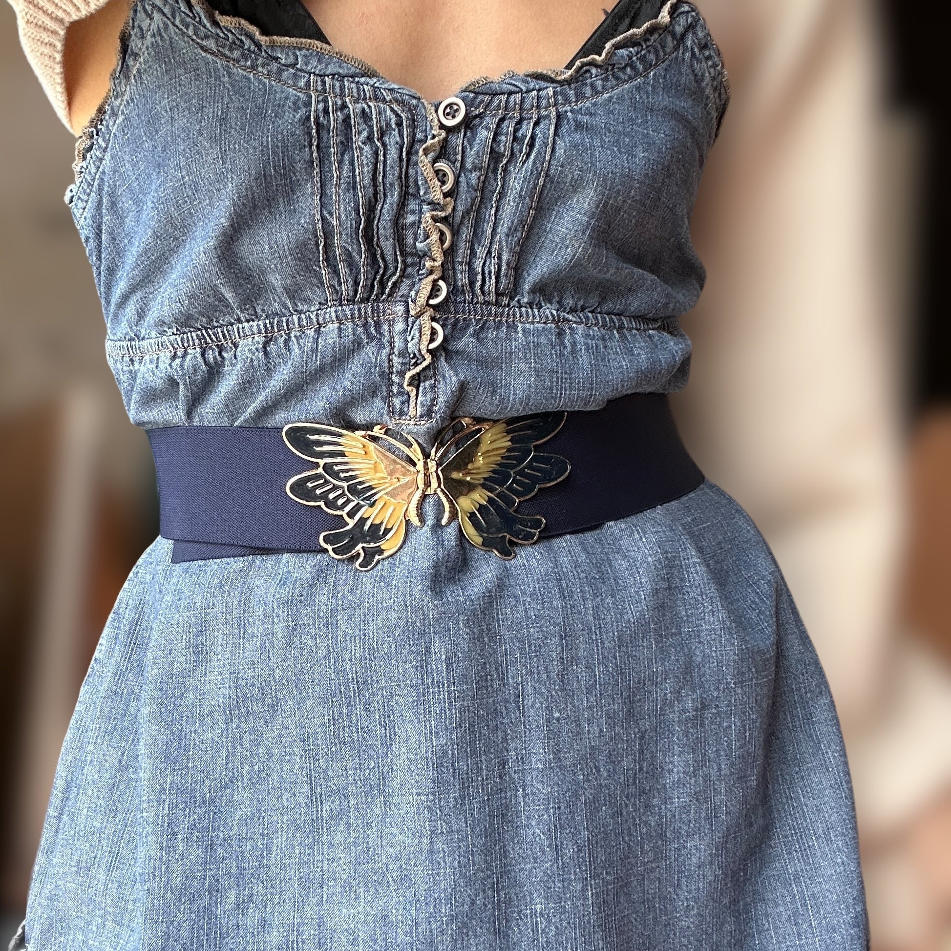 blue elastic belt vintage with enamel butterfly buckle