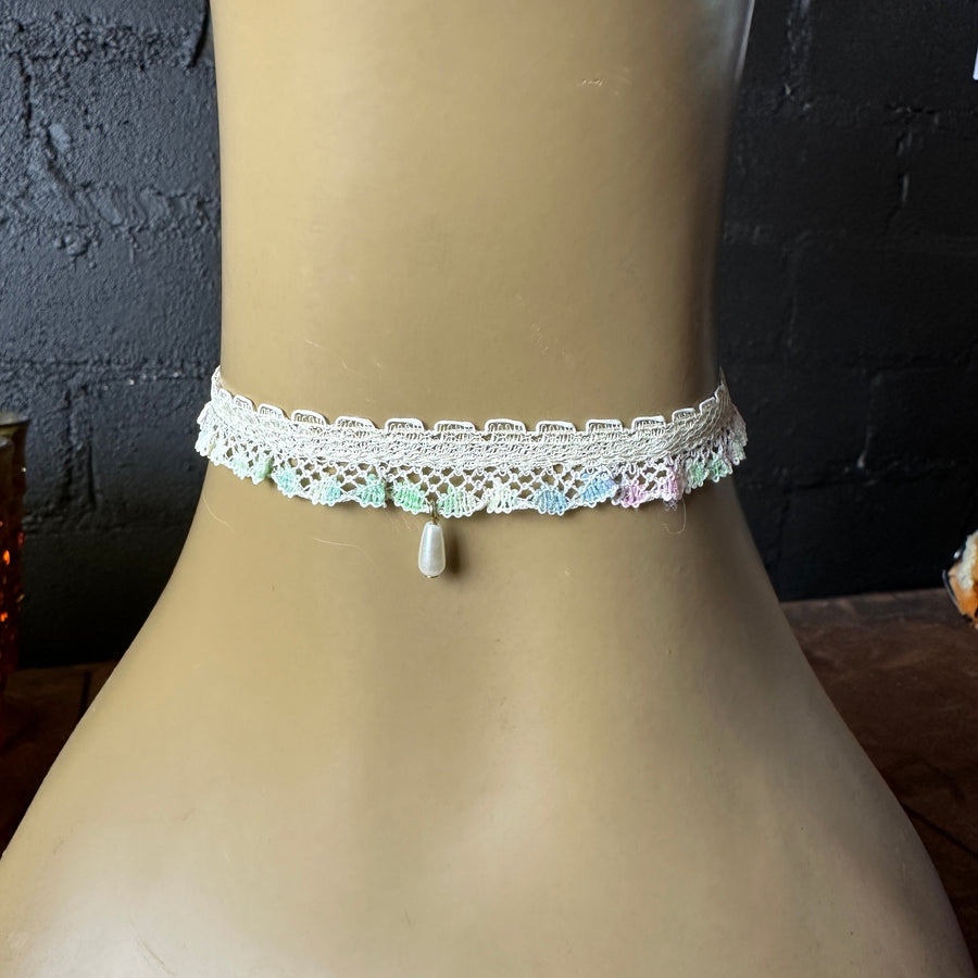 rainbow lace choker with small pearl