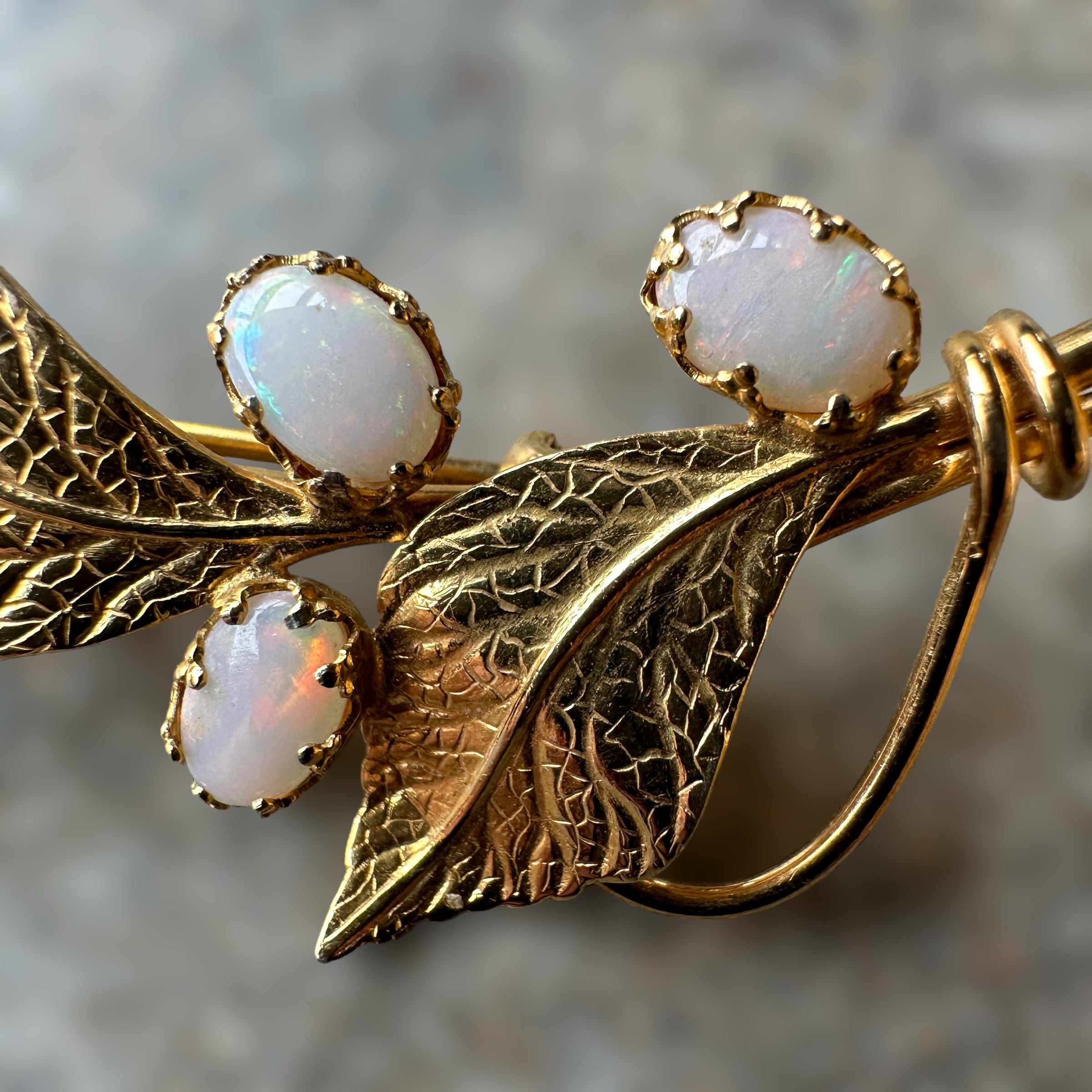 vintage 14 karat gold-filled floral brooch with 4 gorgeous natural opal cabochons, circa 1940s!