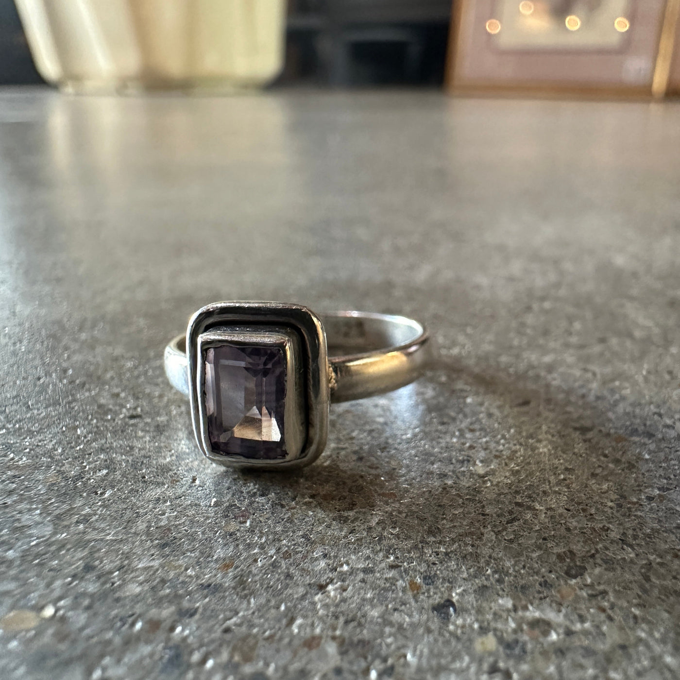 vintage sterling silver ring with emerald-cut amethyst