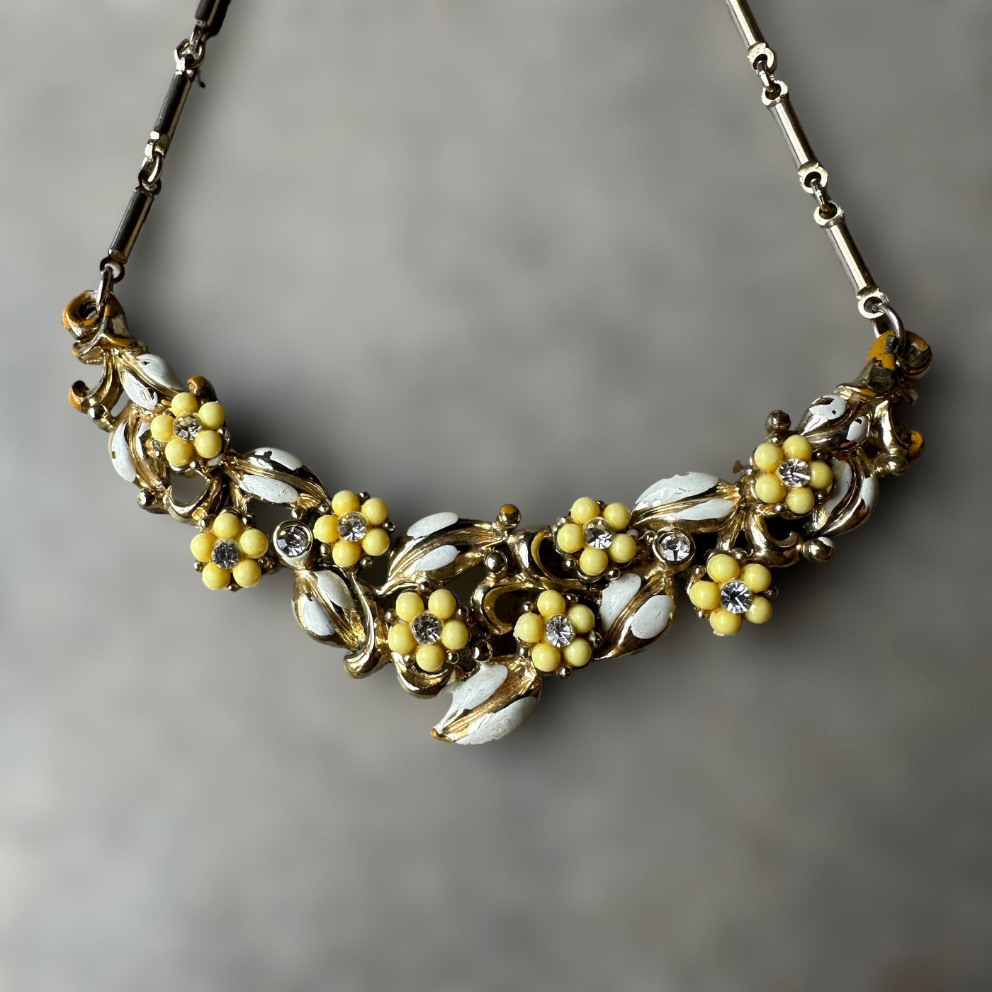 vintage yellow flower necklace by CORO, gold-tone chain